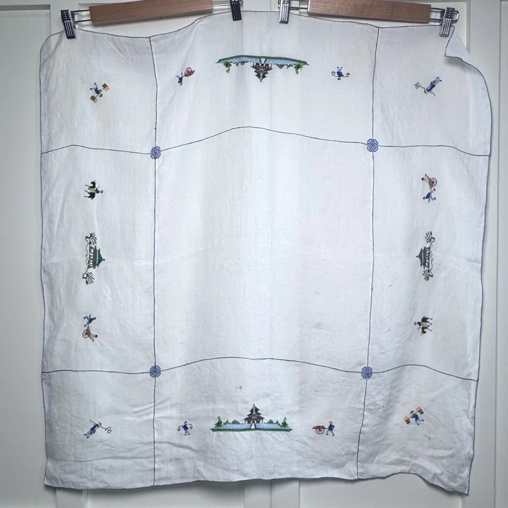 Vintage Hand Embroidered Chinoiserie Linen Tablecloth Pagoda Rickshaw White 34in